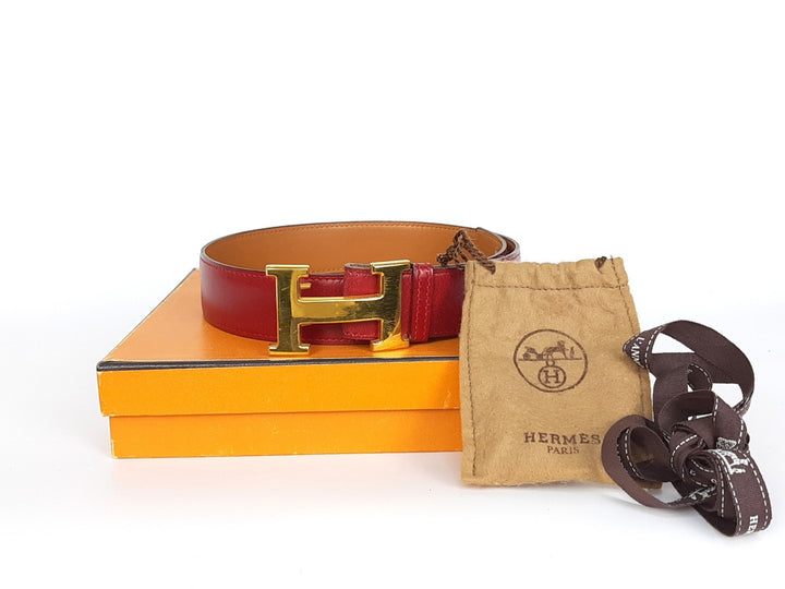 HERMES Constance H Buckle Belt Reversible Leather Red Brown Silver Size 650