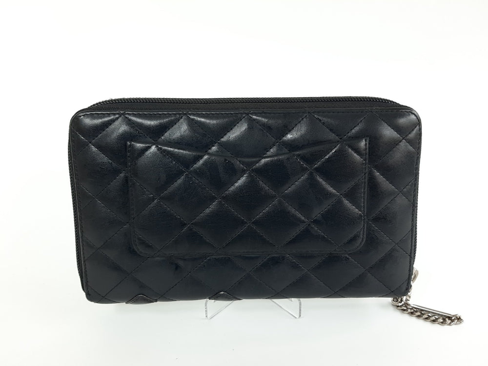 CHANEL Cambon Long Wallet Lambskin Black x Black Pink1