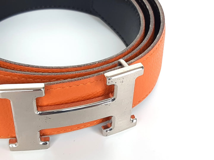 HERMES Constance H Buckle Belt Reversible Leather Orange Black Silver Size 70 R1