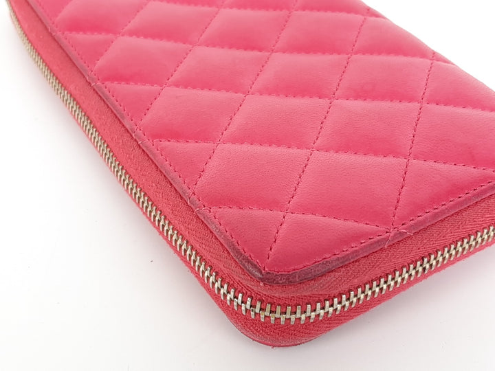 CHANEL Matelasse Quilted Pink Leather Zip Around Long Wallet CC Logo Used5
