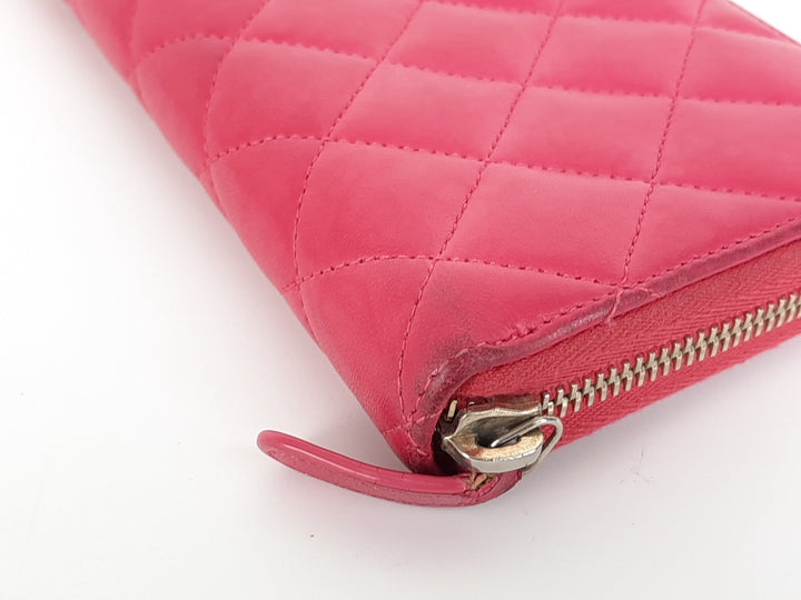 CHANEL Matelasse Quilted Pink Leather Zip Around Long Wallet CC Logo Used2