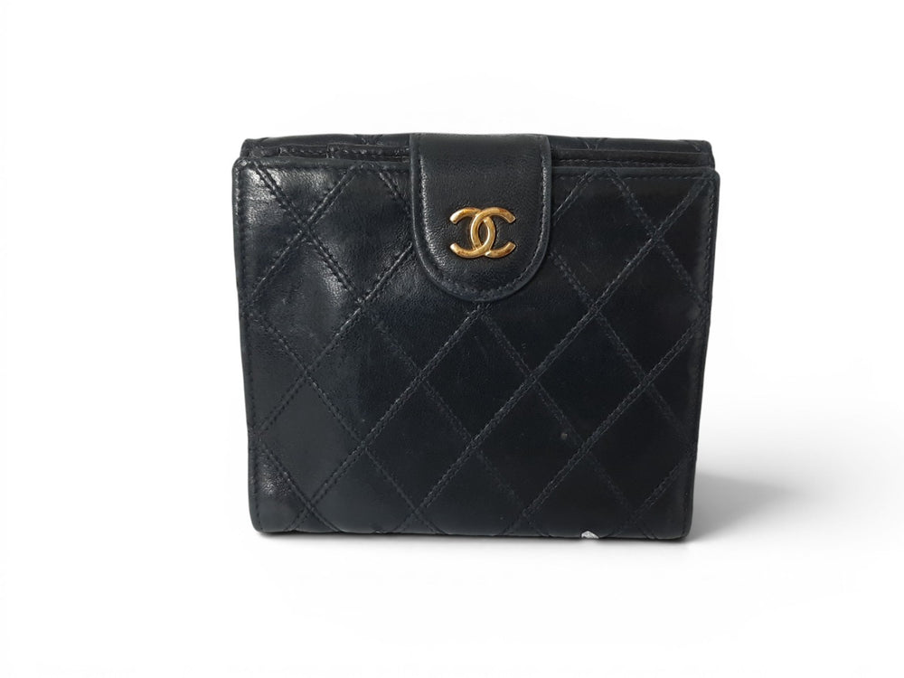 Chanel Bicolore Quilted Leather Folding Wallet Black CC Logo Silver Guarantee1