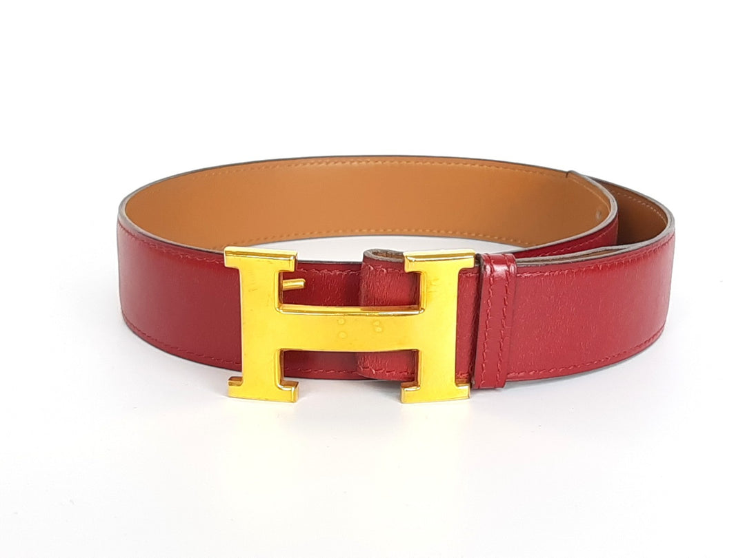 HERMES Constance H Buckle Belt Reversible Leather Red Brown Silver Size 651