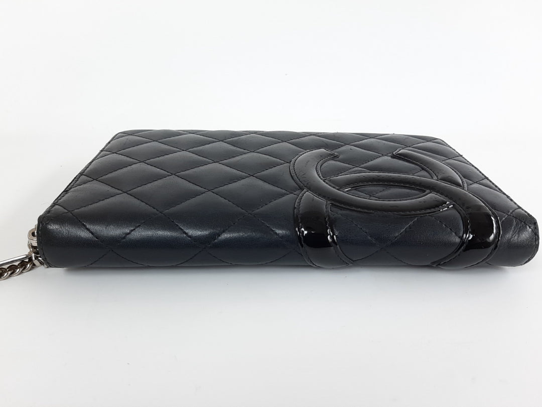 CHANEL Cambon Long Wallet Lambskin Black x Black Pink4