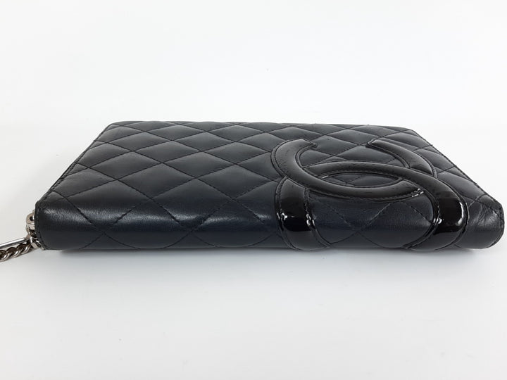 CHANEL Cambon Long Wallet Lambskin Black x Black Pink4