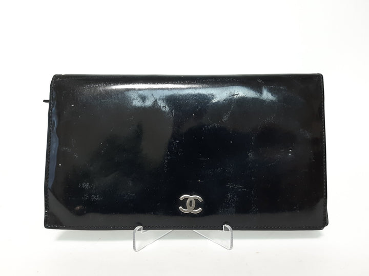 Chanel Lackleder Lange Geldbörse Schwarz CC Logo Silber0