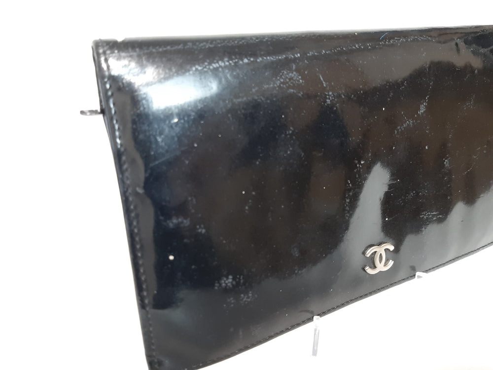 Chanel Lackleder Lange Geldbörse Schwarz CC Logo Silber1