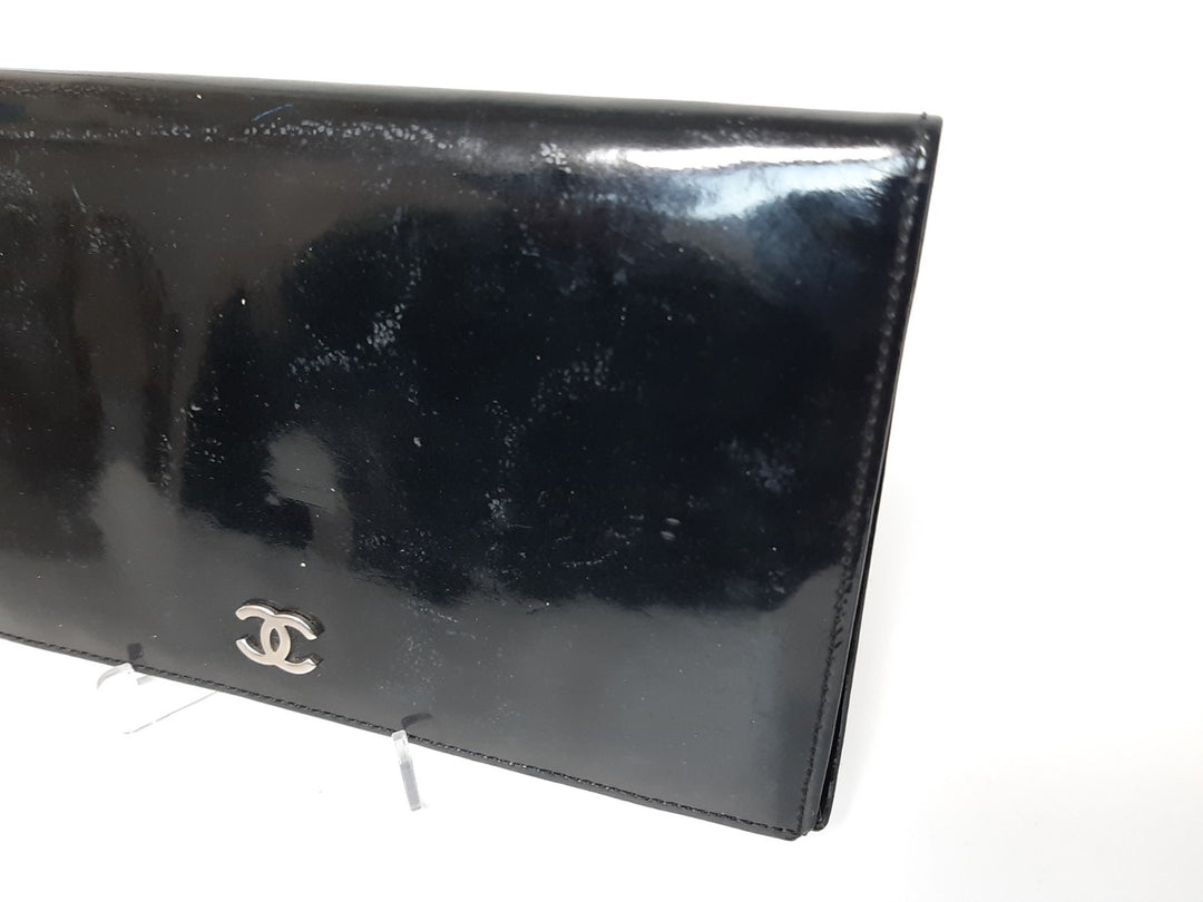 Chanel Lackleder Lange Geldbörse Schwarz CC Logo Silber2